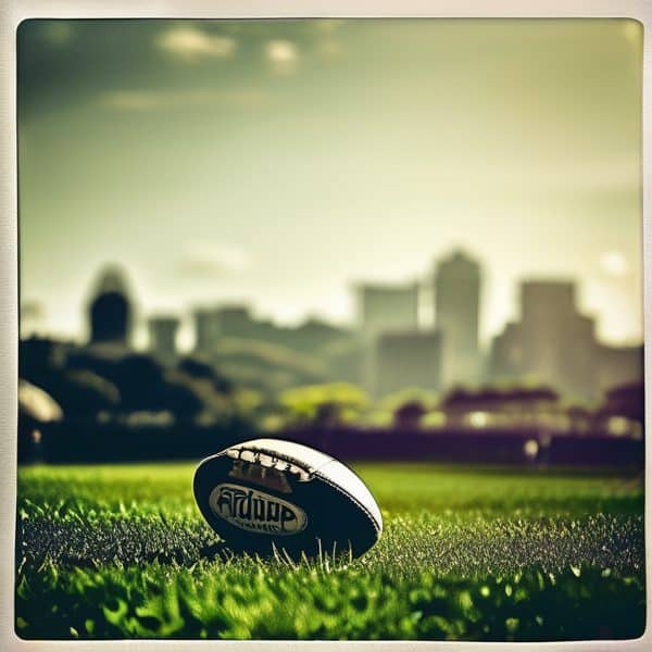 Rugby ball resting on a grassy field with a blurred city skyline in the background.