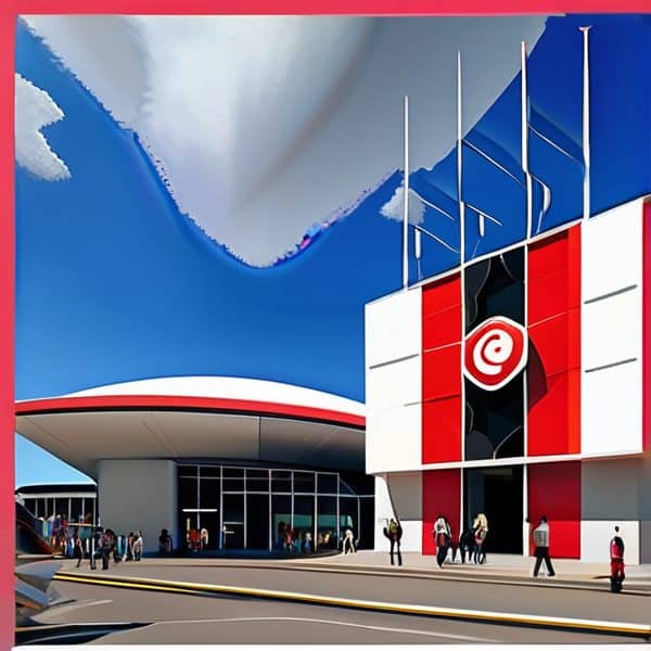 Modern Fiji Global News building with flags and visitors outside.