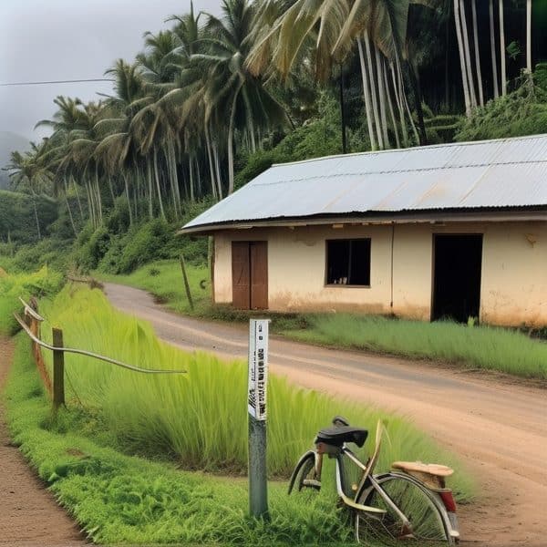 Rural scene in Fiji featuring a bicycle parked near a small house with lush greenery and palm trees.