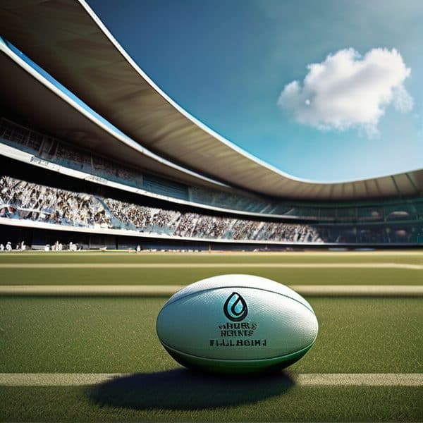 Fiji rugby stadium with ball on field during match.