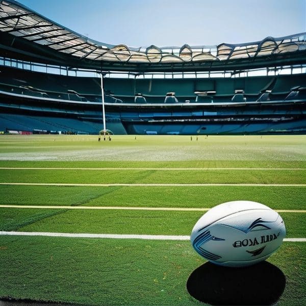 Rugby stadium with ball on field, empty seats in background.