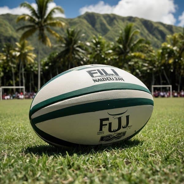 Fiji rugby ball on grass with palm trees and mountains in background.
