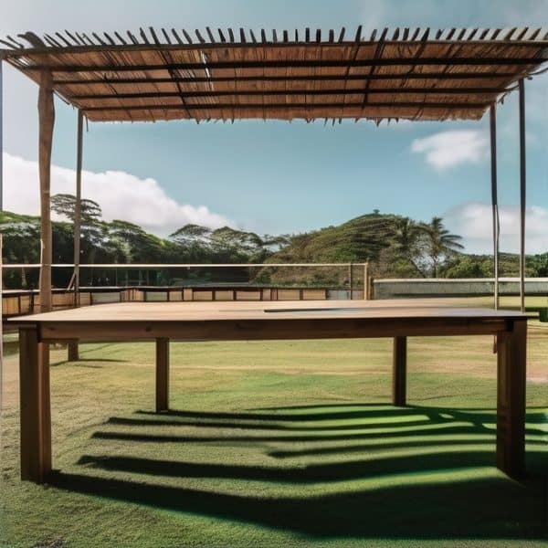 Outdoor sports court with wooden shade structure and lush green landscape in Fiji.