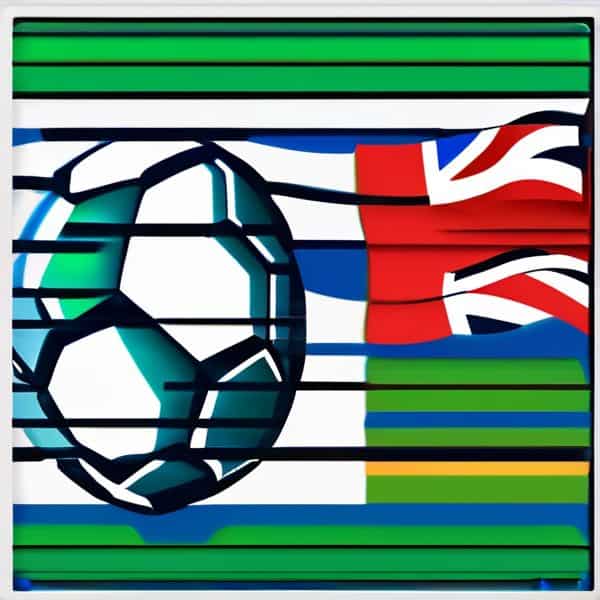 Soccer ball with Fiji and UK flags in vibrant mosaic style.