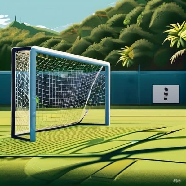 Soccer goal on a sunny field with lush greenery in the background.