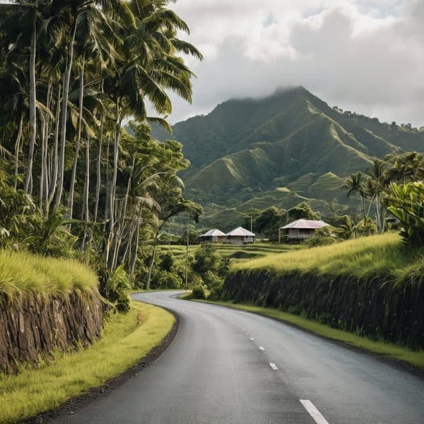 Tropical mountain road surrounded by lush greenery and palm trees in Fiji.