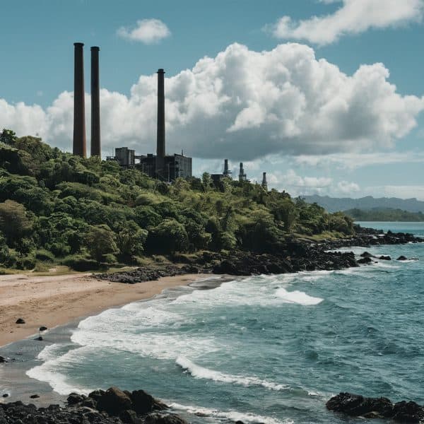 Power plant with smokestacks overlooking a beach and ocean in Fiji.