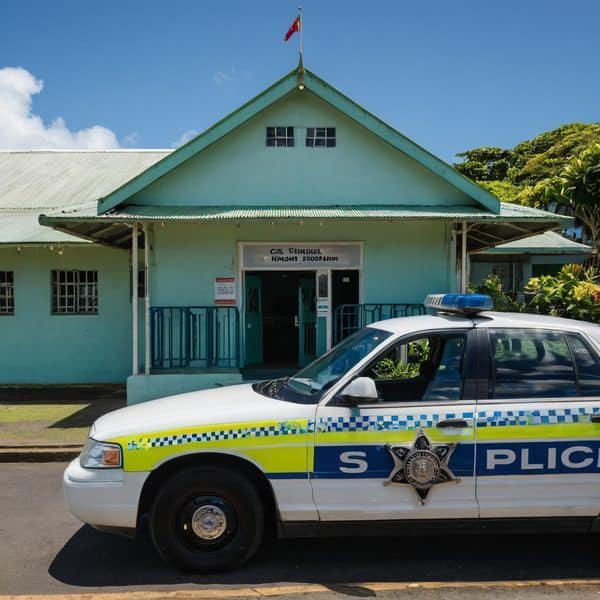 Fiji police car parked outside a police station building.