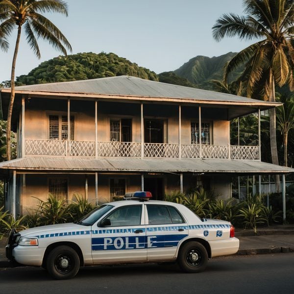 Police car parked outside a historic police station in Fiji, surrounded by lush tropical greenery an.
