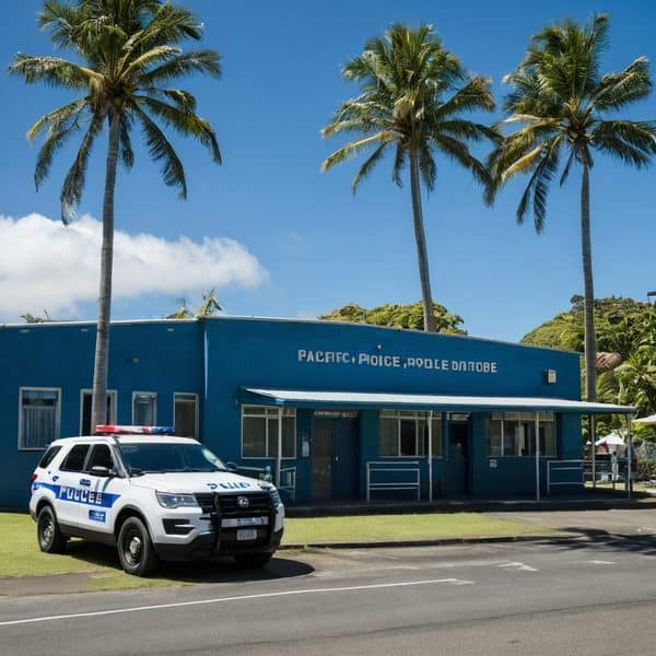 Fiji Police station with palm trees in Pacific Harbour, Fiji.