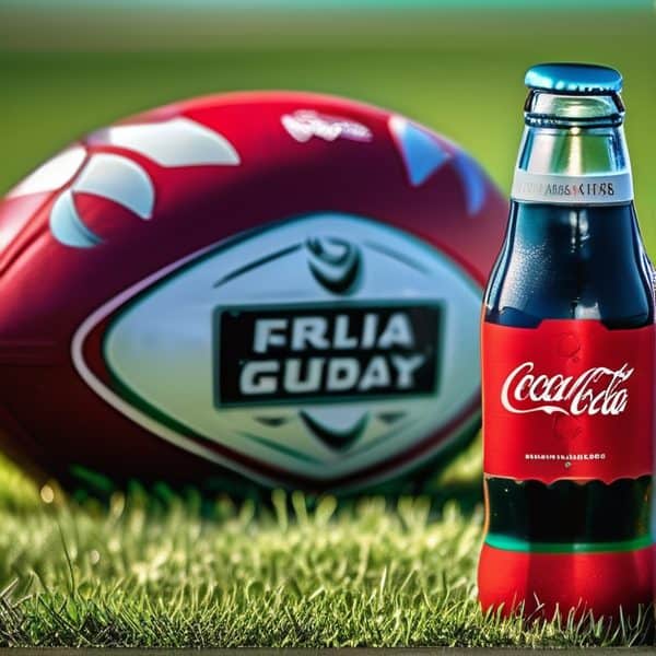 Fiji rugby ball and Coca-Cola bottle on grass field.