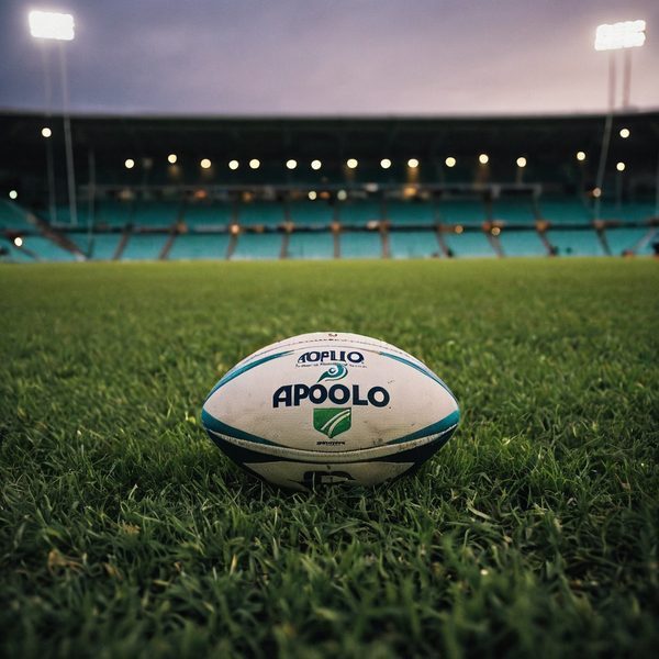 Rugby ball with Fiji Rugby logo on a grass field during evening.