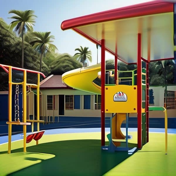 Playground slide and swings in a tropical setting with palm trees.