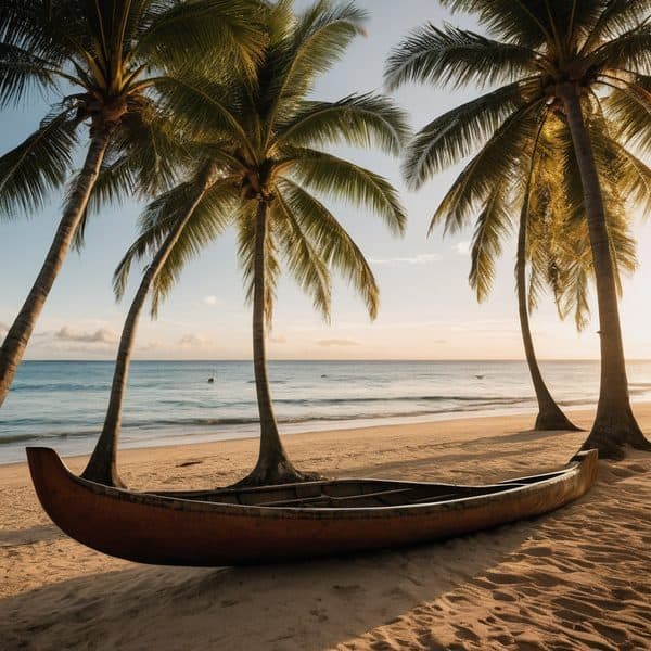 Scenic beach in Fiji with palm trees and a canoe at sunset.