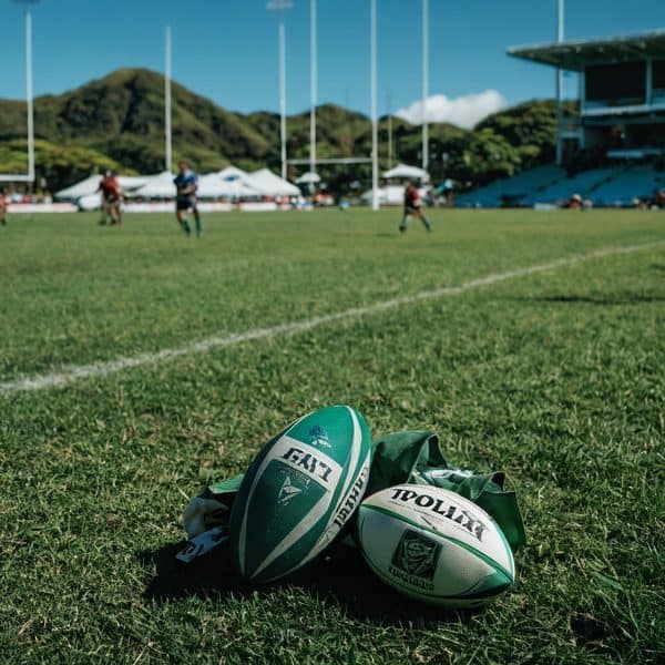 Rugby balls placed on the grass field during a Fiji rugby match with players and stadium in the back.