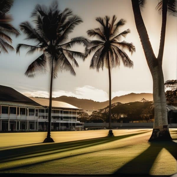 Sunset over palm trees in Fiji with scenic mountain background.