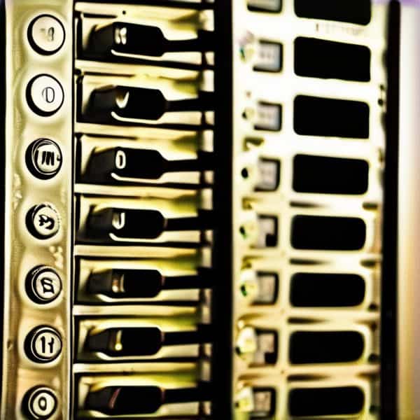 Electrical circuit breaker panel with switches and wiring.