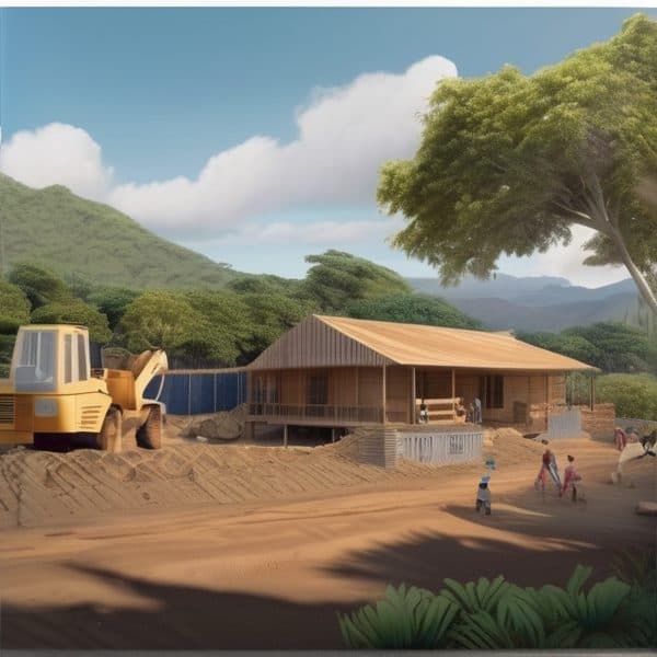 Building a traditional Fijian house with construction equipment in a lush landscape.