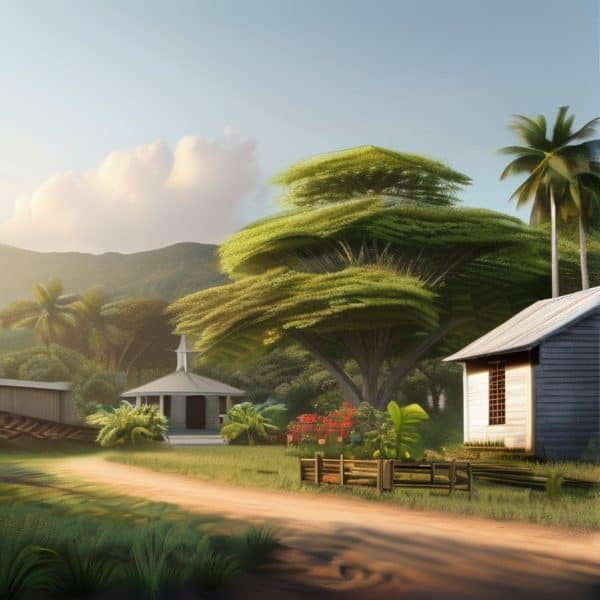 Tropical village with vibrant greenery, traditional houses, and scenic mountain backdrop. Perfect fo.