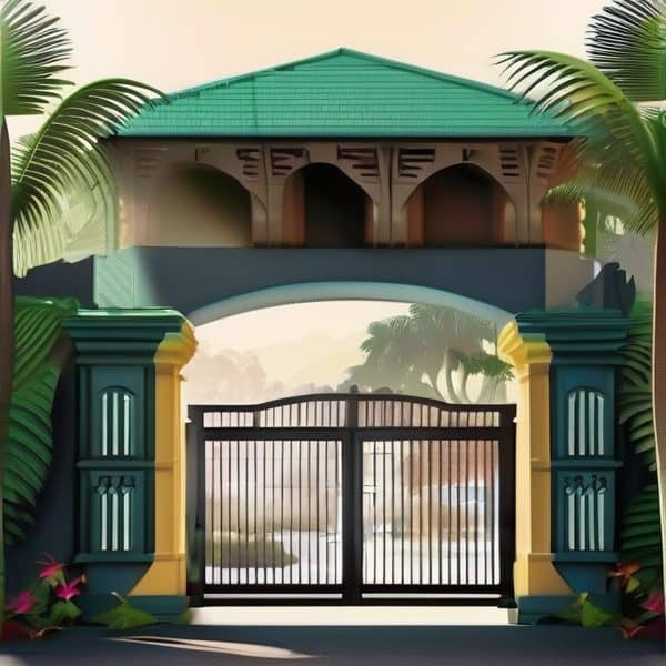 Gate entrance with tropical plants and decorative pillars in Fiji.