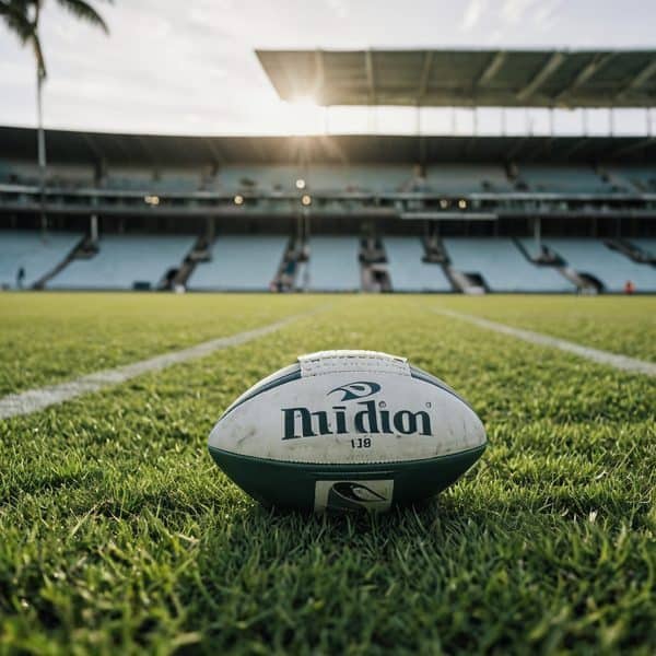 Rugby ball on the field at Fiji rugby stadium during sunset.
