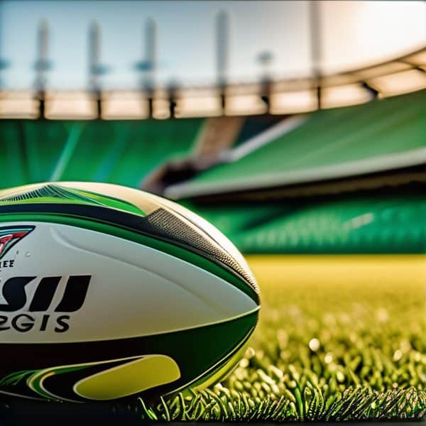 Rugby ball resting on a grass field with stadium in background.