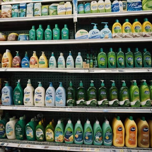 Store shelf with various dish soap bottles in Fiji.