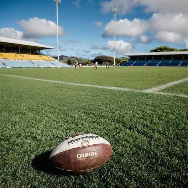 Fiji rugby stadium featuring a football on the grass field during daytime.
