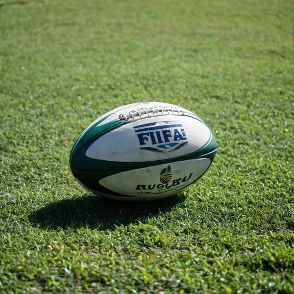 Fiji rugby ball with FIFA and Rugby FV logos on a grassy field.