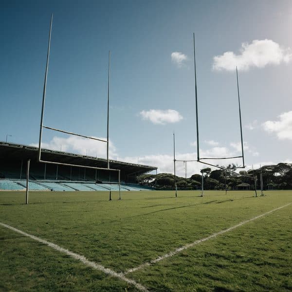 Rugby goal posts at Fiji stadium under a clear sky.