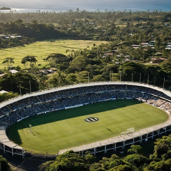 Aerial view of Fiji National Stadium with lush greenery and ocean in the background.