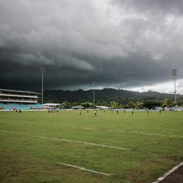 Stormy weather affecting cricket game in Fiji.