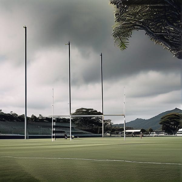 Stormy weather at Fiji rugby stadium with goalposts and lush green field.
