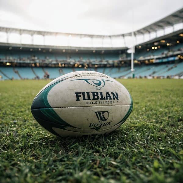 Fiji rugby ball on the field at a stadium.