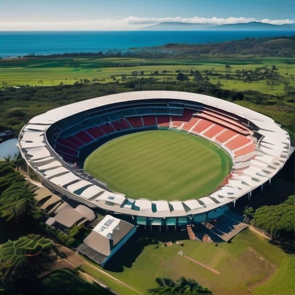 Fiji National Stadium aerial view with lush green surroundings and ocean in the background.