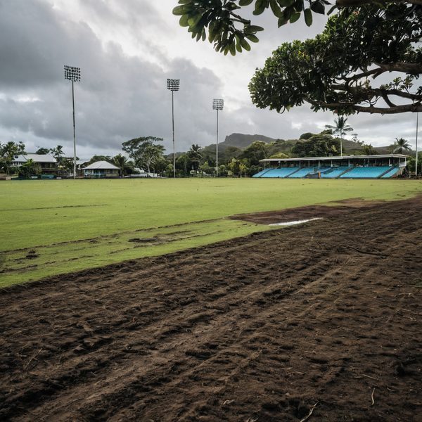 Fiji sports stadium featuring a well-maintained field and tall floodlights under a cloudy sky.