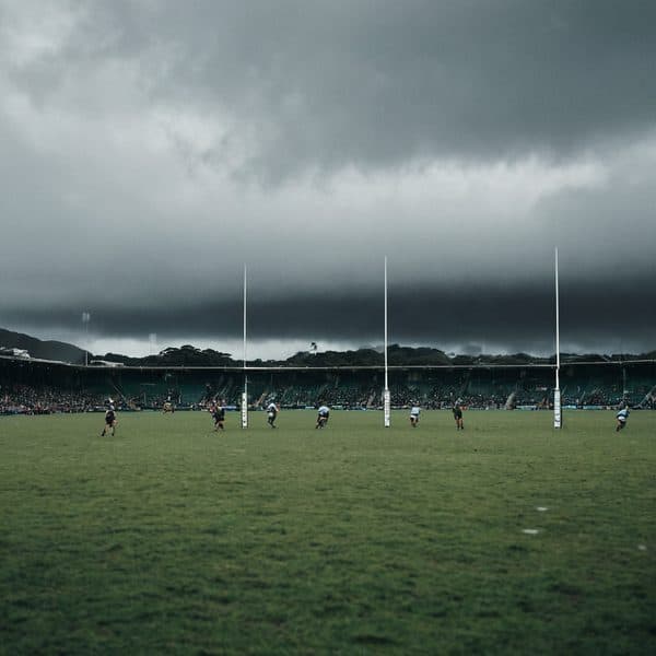 Stormy weather over rugby field in Fiji with players in action.