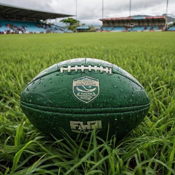 Rugby ball resting on lush green grass at a stadium.