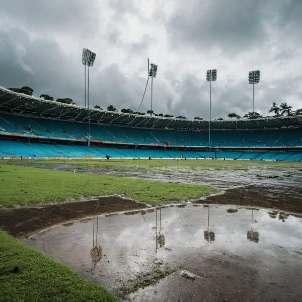 Empty Fiji stadium with wet field and puddles, cloudy sky, and floodwaters reflecting stadium lights.
