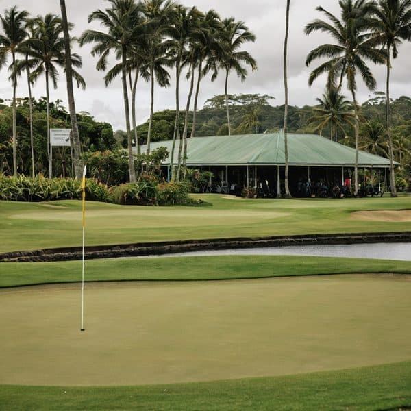 Golf course with palm trees and a pavilion in the background, tropical setting.