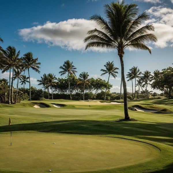 Fiji golf course with palm trees and scenic landscape.