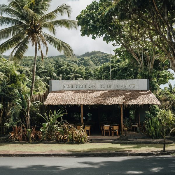 Traditional Fijian village entrance surrounded by lush greenery and palm trees.