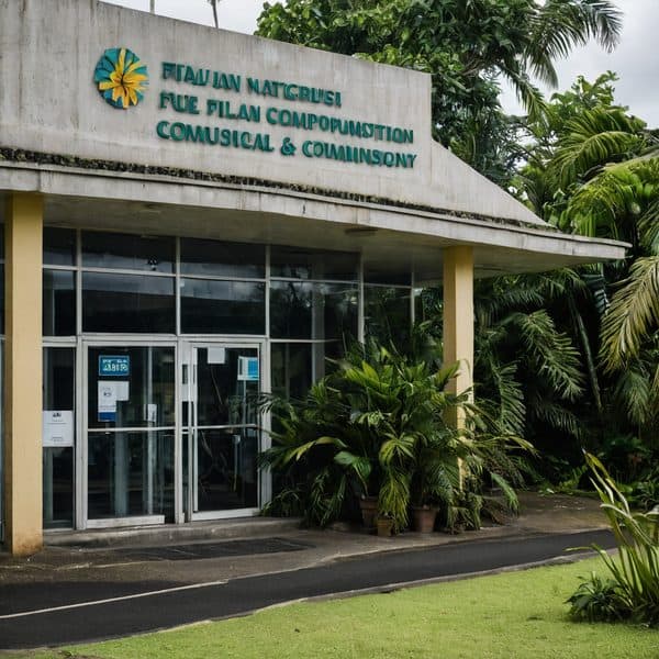 Fiji Natural Resources building with lush greenery outside.
