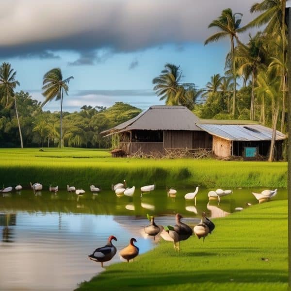 Tropical farm scene featuring ducks swimming in a pond, lush greenery, and tall palm trees under a p.