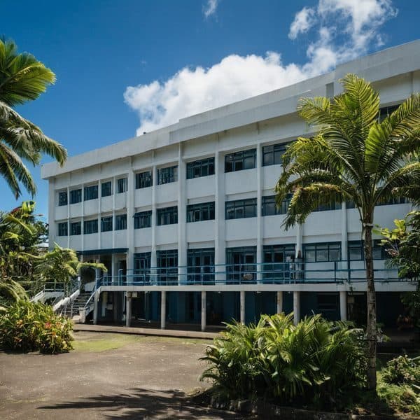 Modern Fiji government office building with tropical landscaping.