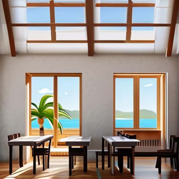 Bright seaside dining room with large windows overlooking the ocean.