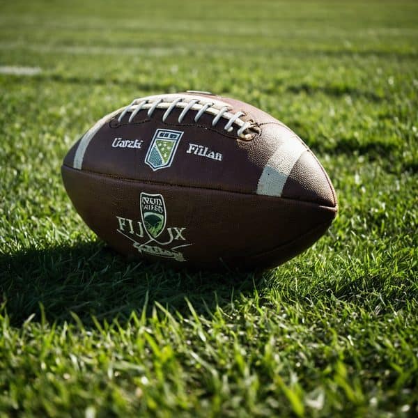 Fiji rugby ball resting on a lush green grass field.