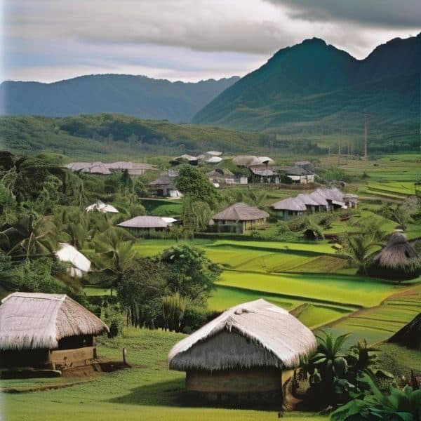 Traditional Fijian village with thatched huts surrounded by rice paddies and tropical greenery.