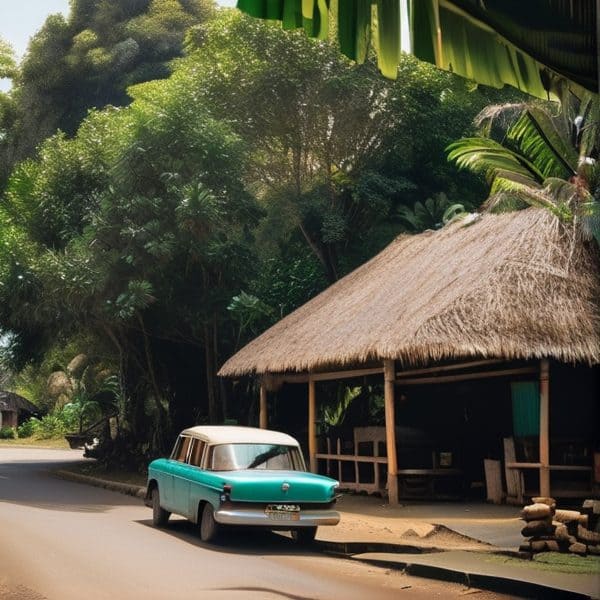 Classic car parked near traditional Fijian hut in lush tropical setting.