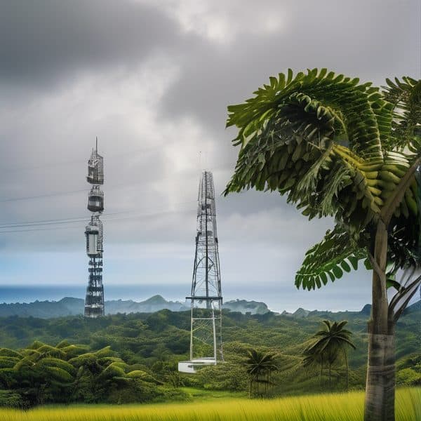Cell towers amidst lush greenery and tropical trees in Fiji.